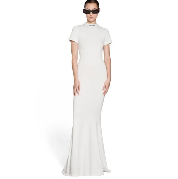 NWT$1,850 BALENCIAGA White Cotton T-Shirt Neckline Maxi Gown Dress Sz XS - Picture 16 of 16